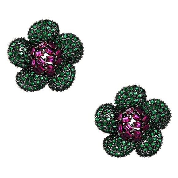 Pink and Green Flower Cubic Zirconia Earrings - Picture 1 of 2